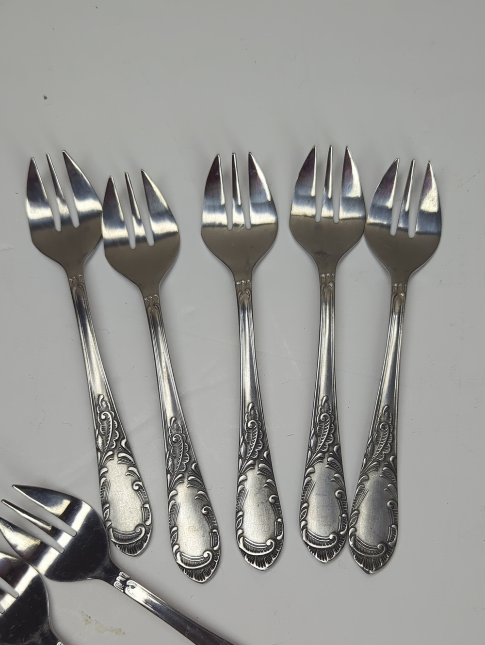 Vintage Amefa Stainless Pastry Cake Forks Set of 10 Ornate Scroll Dessert Flatwa